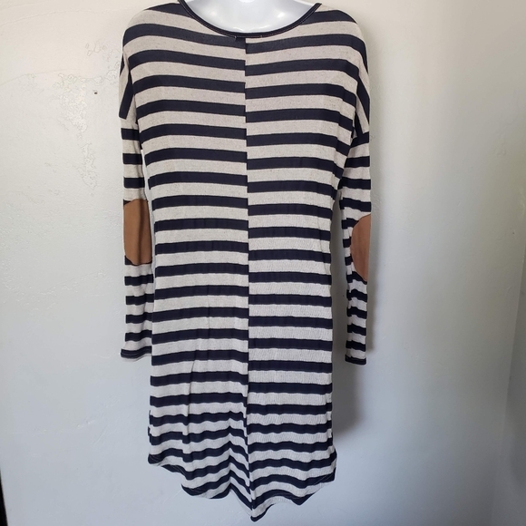 Lollipop Star Small Long Sleeve Tunic Dress Grey Navy Stripes Tan Elbow Patches - Picture 6 of 6